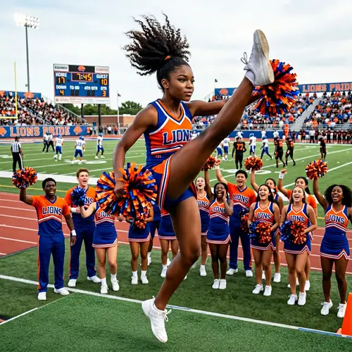 Energetic African Teen Cheerleader Performing High Kick