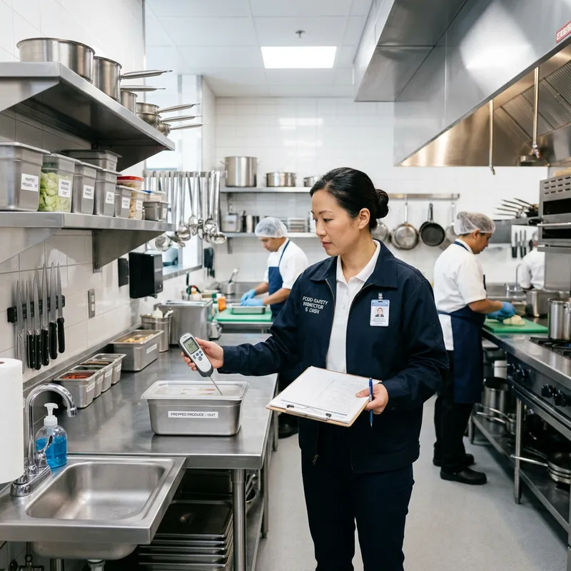Food Safety Auditor in a Pristine Kitchen