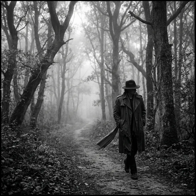 Enigmatic Individual in Mist-Enveloped Forest | Grayscale Noir Photography