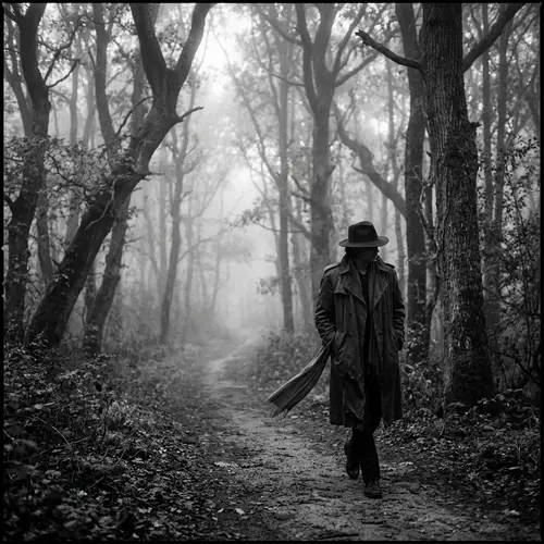 Enigmatic Figure in Mist-Enveloped Forest | Ethereal Noir Photography