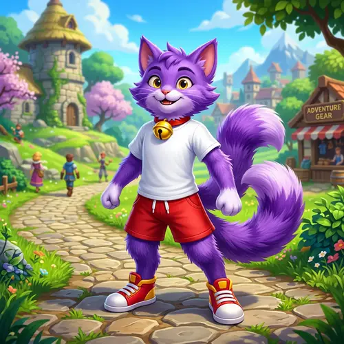 Purple Cat Character with Bushy Tails | Video Game
