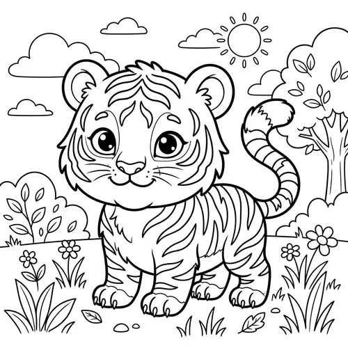 Adorable Chibi Style Tiger Coloring Book Page