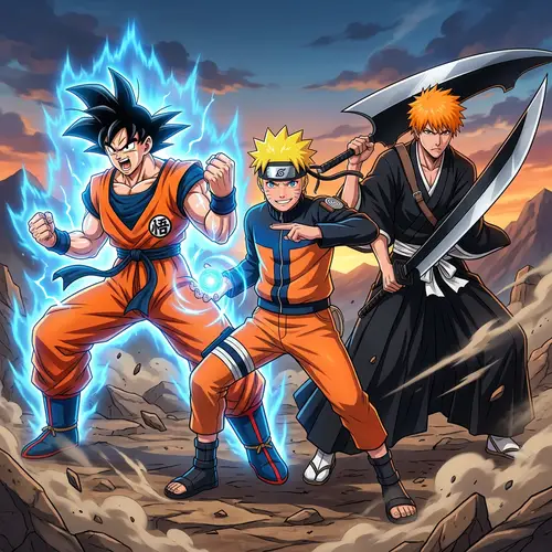 Anime-Style Male Characters: Heroic Pose, Energy Aura, Unique Attire