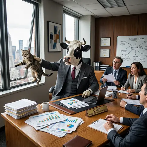Angry Cow Throws Cat in Corporate Meeting