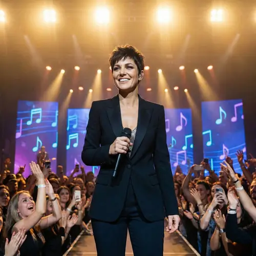 Fit Woman on Stage: Elegant Outfit with Microphone