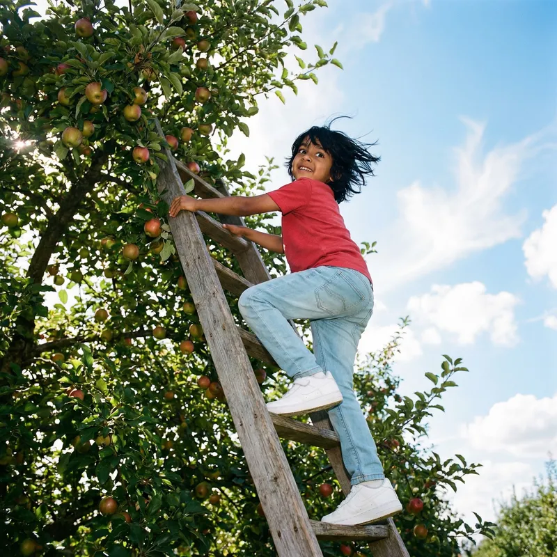 Adventure Awaits: Boy on Ladder Reaching for Apples
