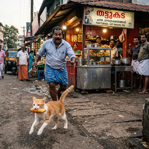 Running Cat with Banana Fry in Kerala Street Scene