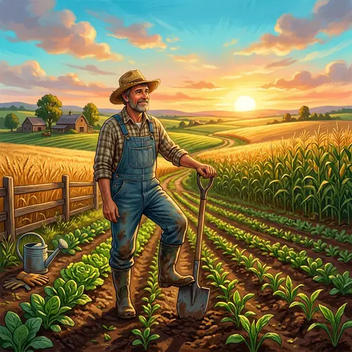 Experienced Farmer Working in Lush Fields | Farm Life Illustration