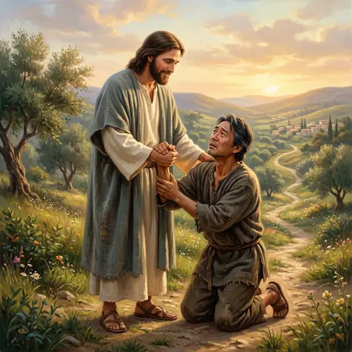 Jesus Forgives and Lifts Repentant Sinner | Compassionate Scene