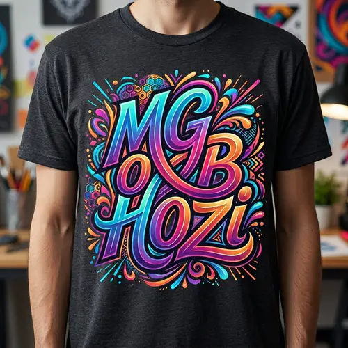 Unique Graphic Design T-Shirt with Letters M, G, O, B, H, O, Z, I