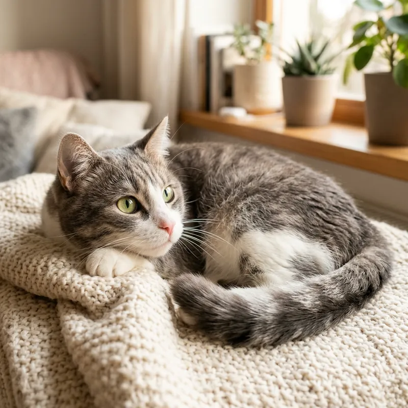 Cozy Cat Napping on Soft Blanket | Gorgeous White and Grey Feline