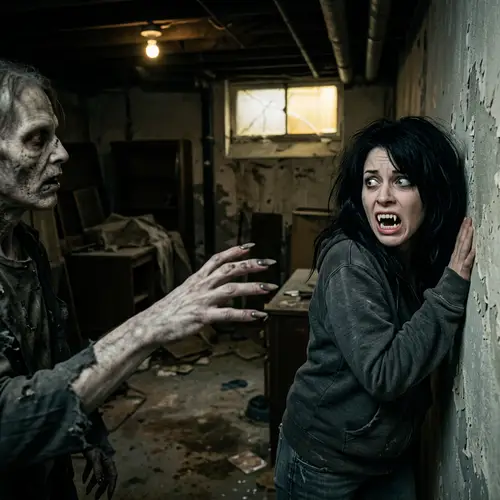 Gruesome Zombie and Terrified Woman in Dark Room
