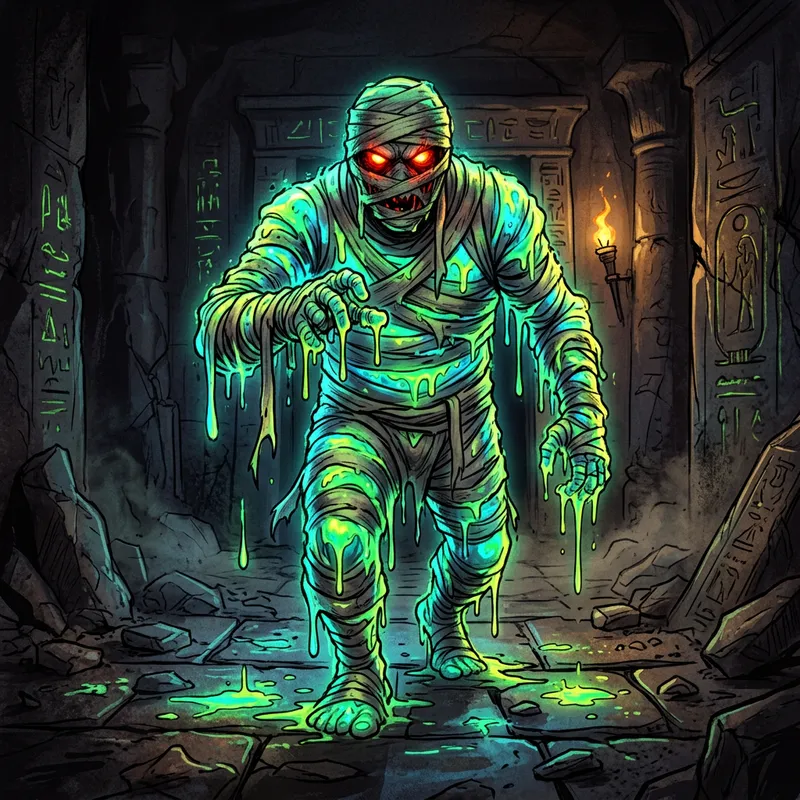 Neon Slime Mummy Character with Bloody Red Eyes