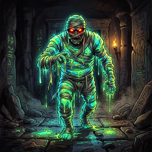 Neon Slime Mummy Character with Bloody Red Eyes