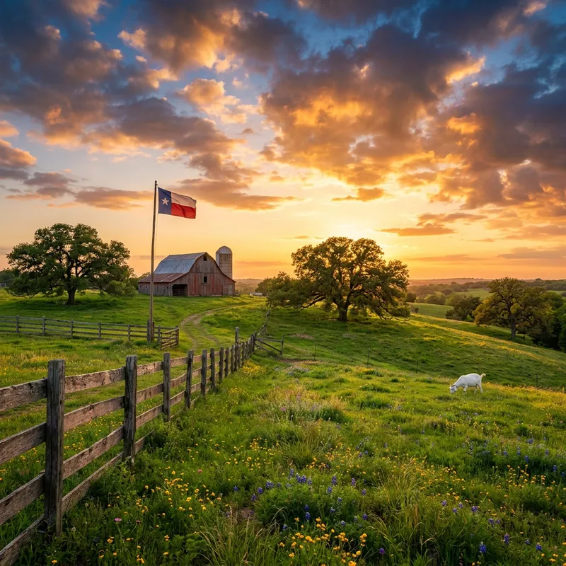 Serene Sunset Farm Scene with Oak Trees and Lone Goat