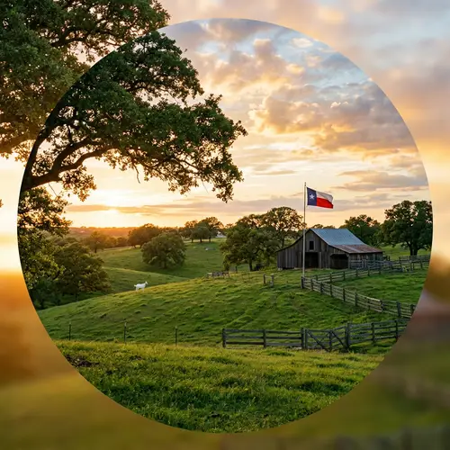 Picturesque Sunset Scene with Oak Tree, Green Hillocks, and Texas Flag