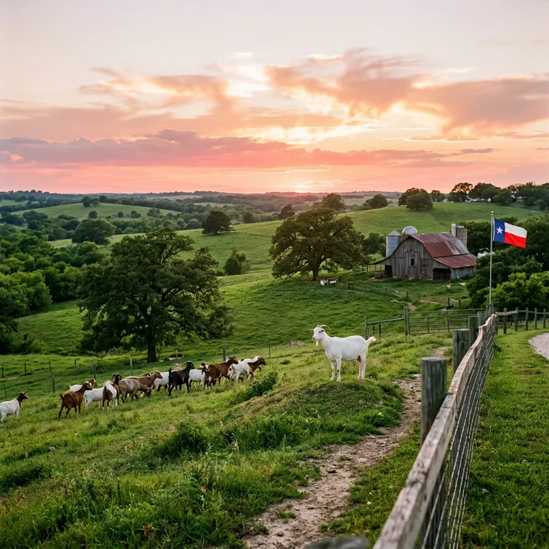 Serene Texas Farm Scene | Sunset, Oak Trees, Goat Grazing
