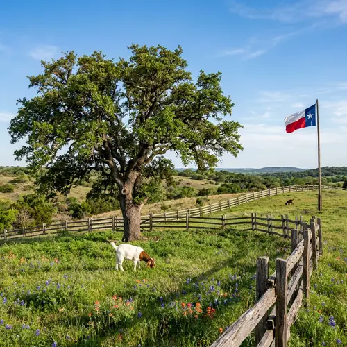 Picturesque Texas Landscape with Ancient Oak Tree and Grazing Goats