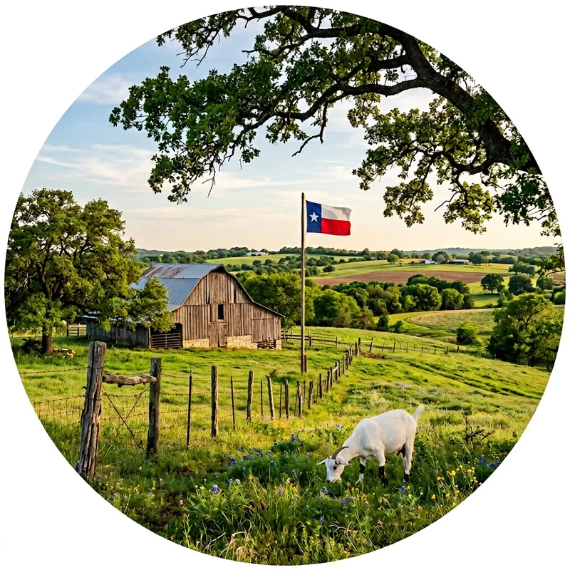 Serene Farm Landscape with Oak Trees, Texas Flag, and Grazing Goat Serene Farm Landscape with Oak Trees, Texas Flag, and Grazing Goat