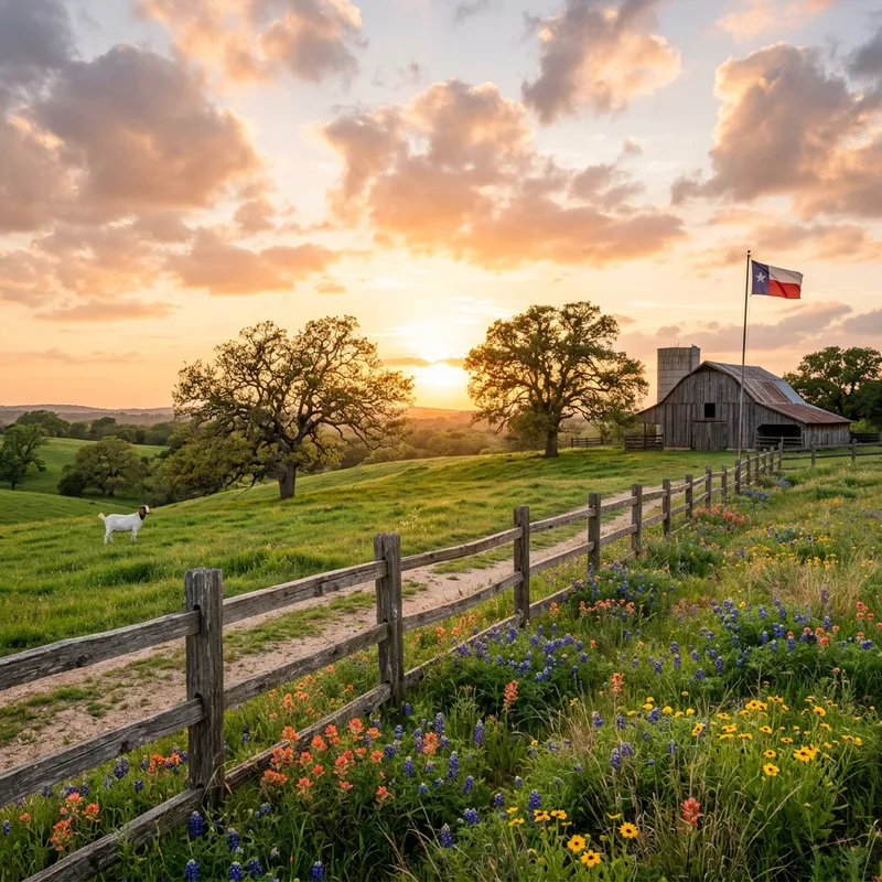 Sunlit Farm Landscape with Oak Trees and Texas Flag | Stunning Views