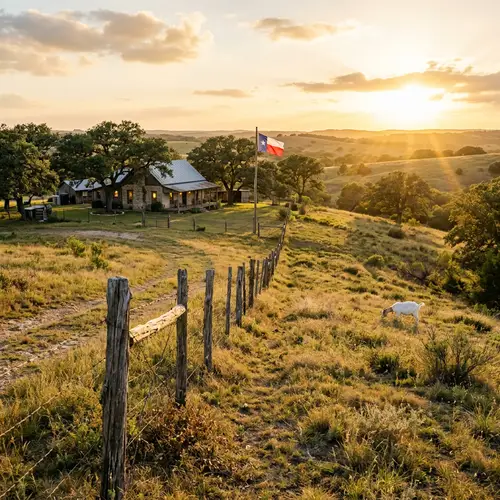 Golden Sun Over Patrimony Farm Landscape | Texas Countryside View