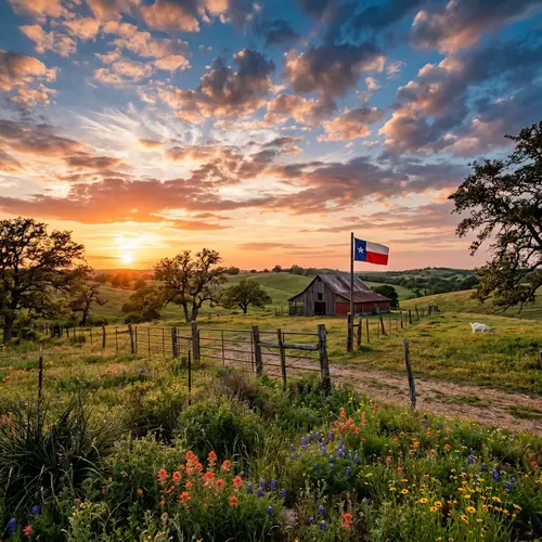 Sunset Scene Over Texas Farm with Oak Trees and Grazing Goat