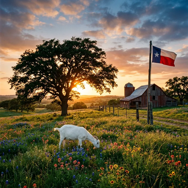 Tranquil Texas Farm Sunset with Lone Goat, Flag, and Wildflowers