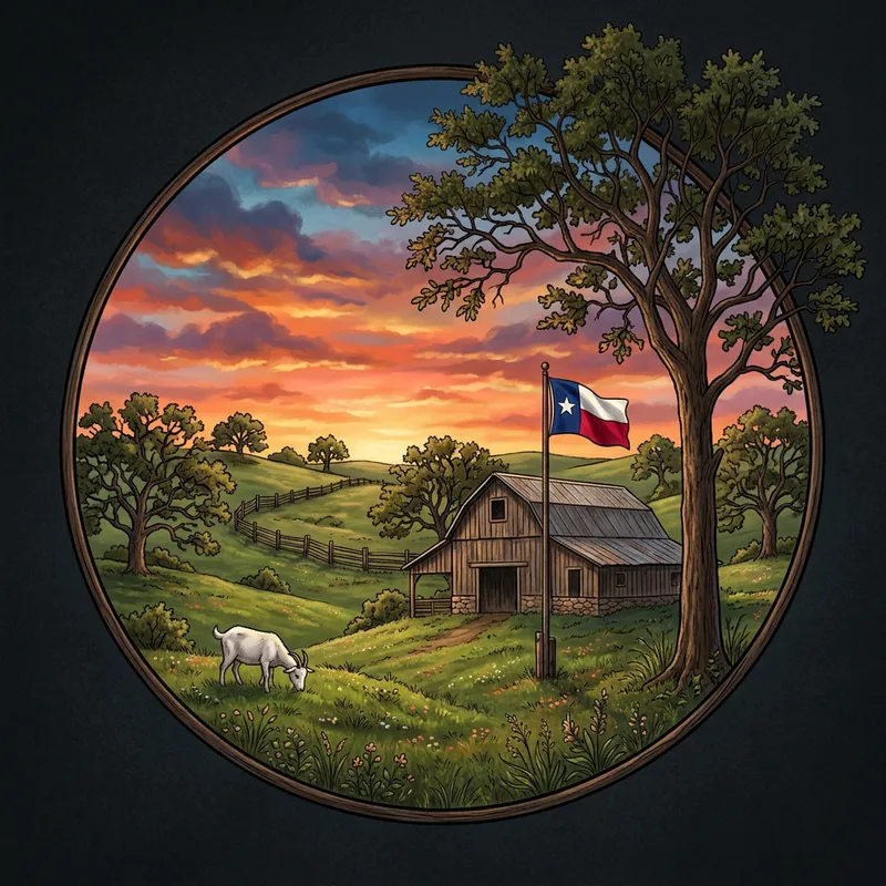 Vibrant Sunset Scenery with Oak Trees, Texas Flag & Grazing Goat