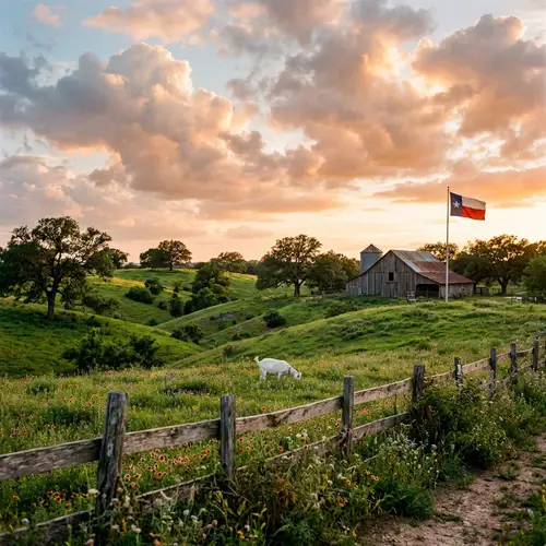 Tranquil Rural Sunset Scene with Green Hillocks & Oak Trees