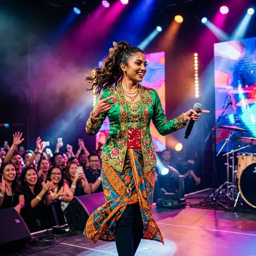 Vibrant Stage Performance by Pop Singer in Traditional Indonesian Outfit