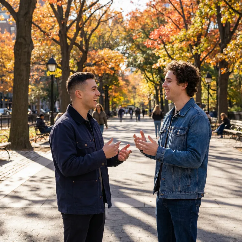Two Young Men in Urban Park Engaged in Conversation Two Young Men in Urban Park Engaged in Conversation