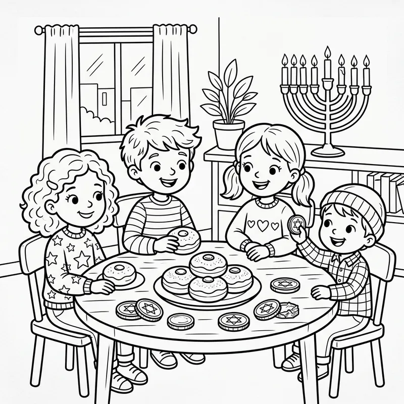 Cute Chanukah Scene for Kids' Coloring Book