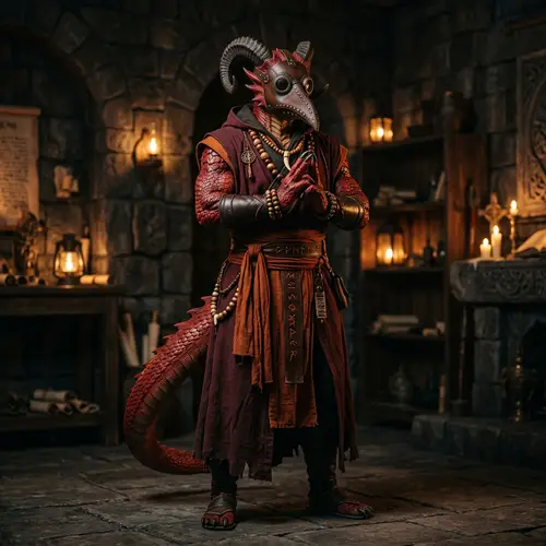 Male Dragonborn Monk Character with Red Scales & Plague Doctor Mask