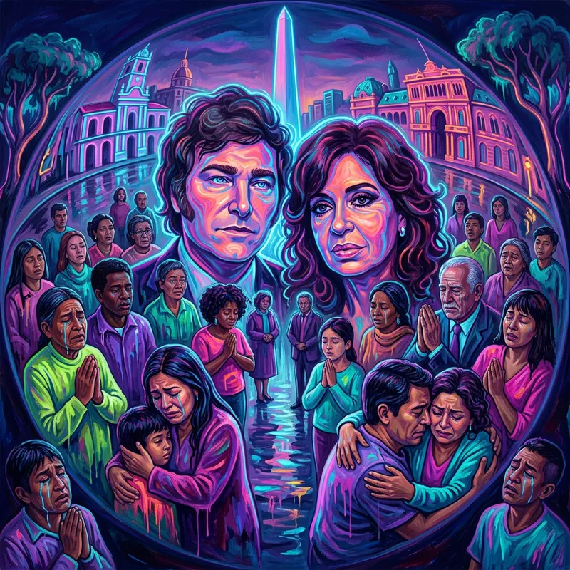 Neon Dream: Politician Faces & Crying Crowd in Surreal Scene