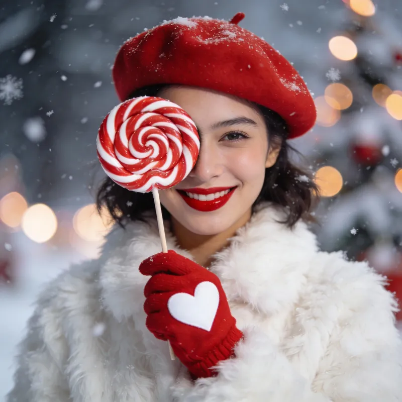 Cozy Winter Portrait with Red Beret and Lollipop
