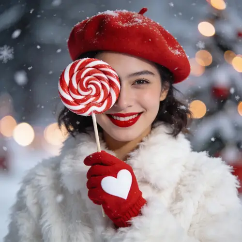 Cozy Winter Portrait with Red Beret and Lollipop