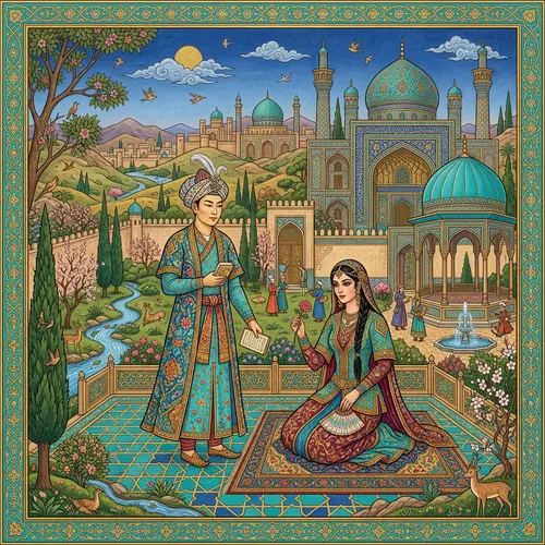 Serene Persian Miniature Illustration with Intricate Architecture