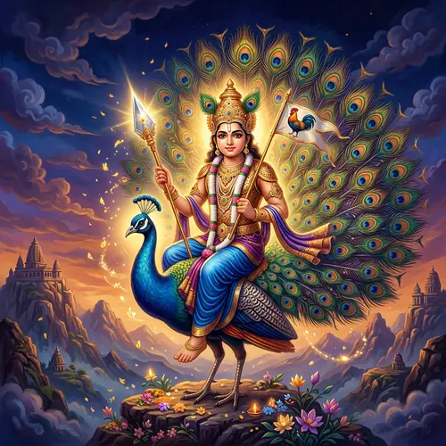 Lord Murugan on Peacock with Gleaming Vel - Divine Image