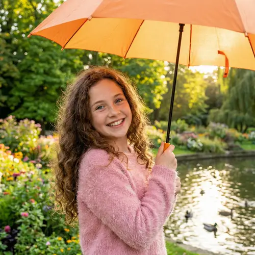 Cute Girl with Long Curly Brown Hair and Blue Eyes | Park Scene