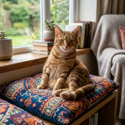 Elegant Cat on Colorful Cushion | Domestic Feline Scene