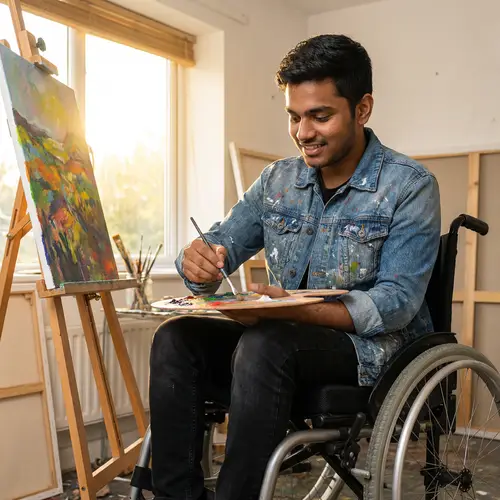 Confident South Asian Male Wheelchair Art Student Creating Masterpiece