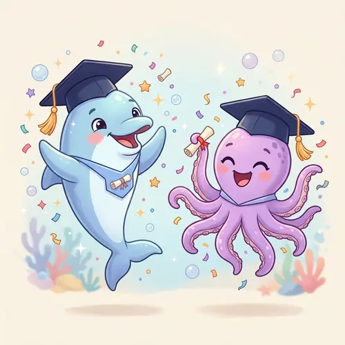 Graduation Cap Dolphin and Octopus Cartoon Characters