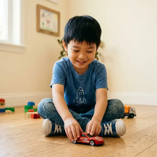 Young Asian Boy Playing Joyfully with Toy Car | Website Name