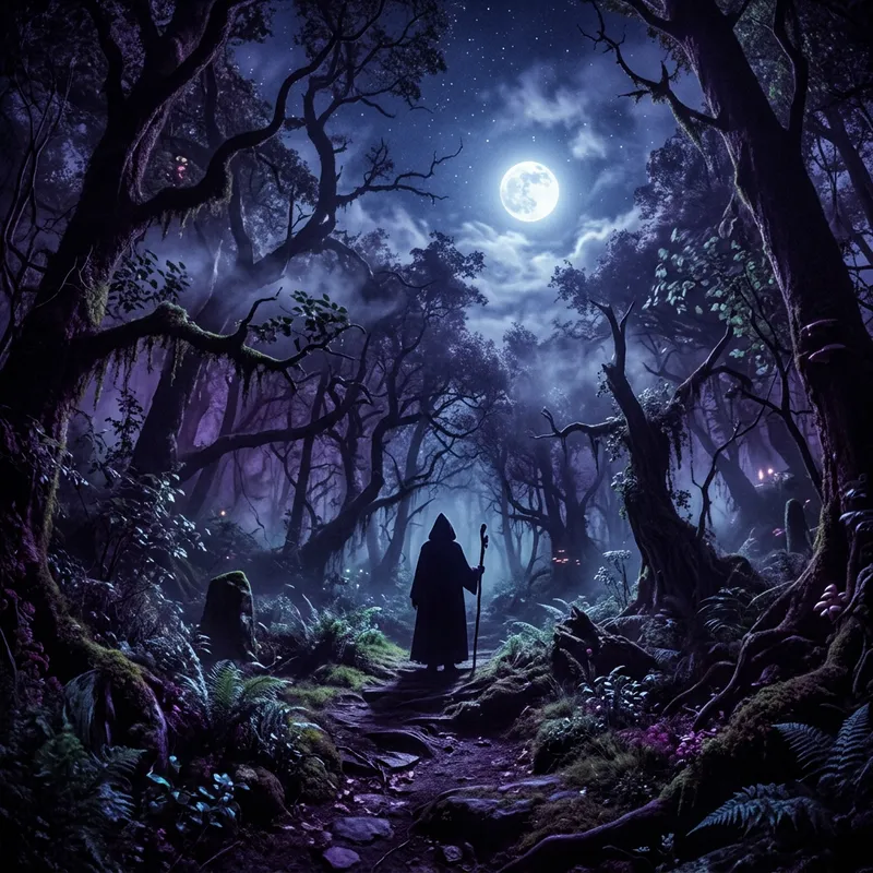 Enchanted Moonlit Forest Silhouette: Mystical Fantasy Enchanted Moonlit Forest Silhouette: Mystical Fantasy