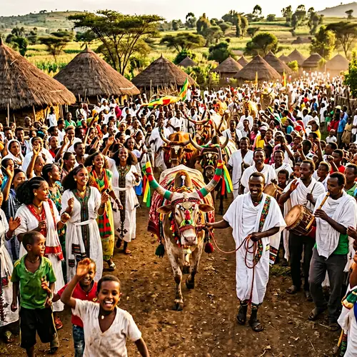 Ethiopian Kircha Cultural Event: Vibrant Carnival with Traditional Costumes and Decorated Oxen