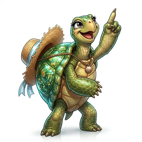 Cheerful Turtle with Shiny Shell and Straw Hat