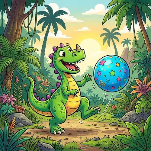 Cartoon Dinosaur Playing with a Bouncy Ball