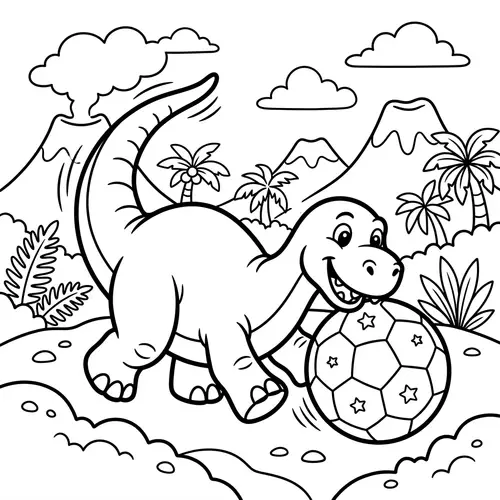 Cartoon Dinosaur Playing with a Ball - Coloring Page