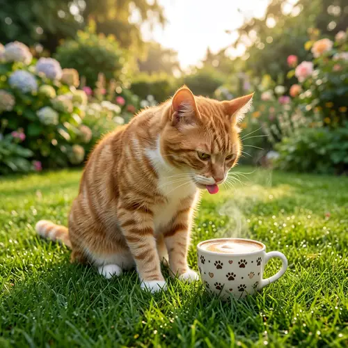 Cute Cat Enjoying Espresso on Green Lawn | Whimsical Scene