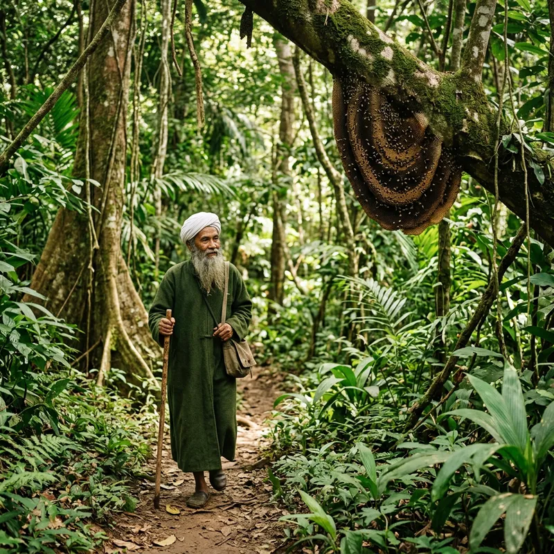 Sufi Mystic Walking Near Beehive in Jungle Sufi Mystic Walking Near Beehive in Jungle